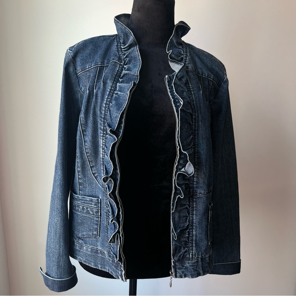 Ruffled Front Denim Jacket - Dark Blue - L - Picture 2 of 8